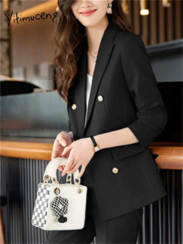 Women's Suits Blazers Yitimuceng Office Ladie Sets 2023 Turn Down Collar Double Breasted Long Sleeve Blazer Solid Harem Pant 231219