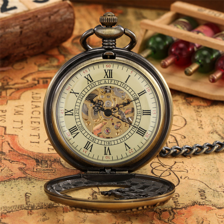 Pocket Watches Bronze Hollow Dragon Display Half Hunter Mechanical Watch Cool Antique Pendant Manual Mechanism Clock Gift Male 230426