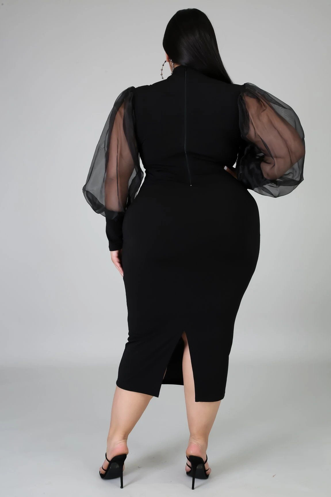 Women Solid Color Plus Size Women's Gauze See-Through Lantern Sleeve Dress 3 Colors In Stock