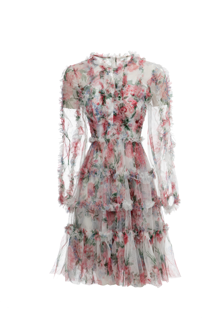 Women's Runway Dresses O Neck Waist Sleeves Appliques Printed Elegant Layered Fashion Homecoming Dress