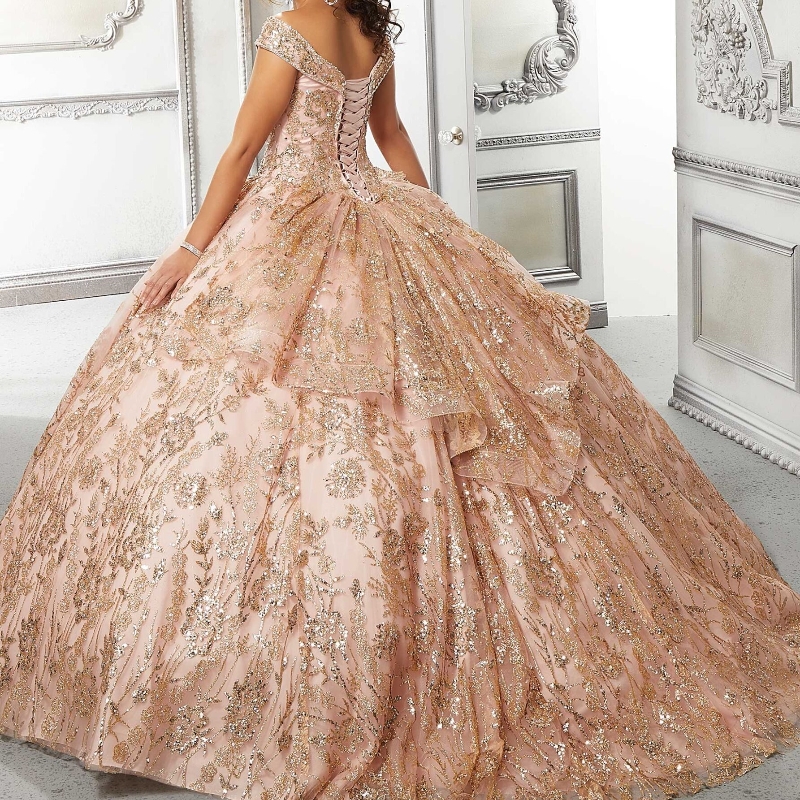 Rose Gold Shiny Ball Gown Quinceanera Dress 2025 Appliques Lace Beads Off Shoulder Sweet 15 16 Years Vestidos De XV Anos