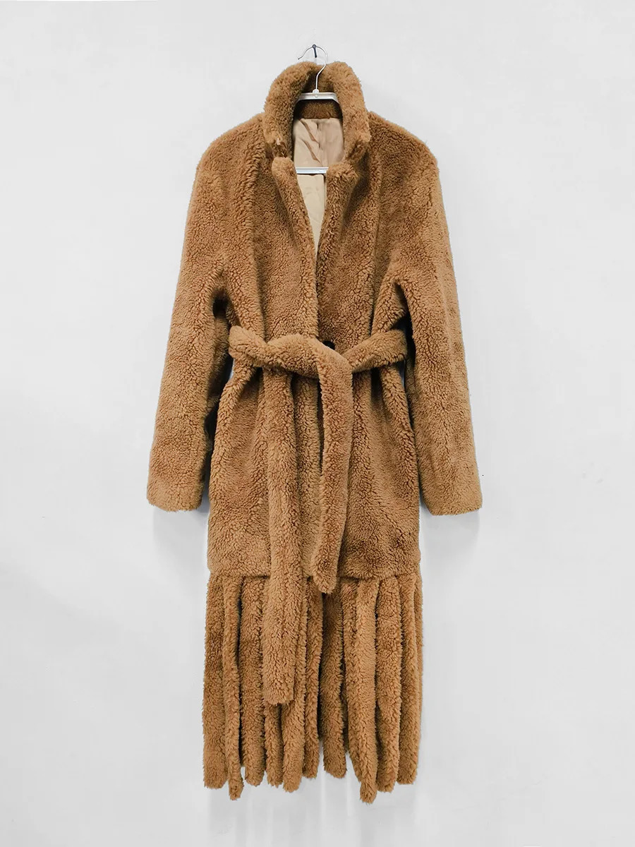 Women's Wool Blends Fashion Faux Fur Warm Coat Lapel Casual Loose Long Sleeve Hem Tassel Plush Overcoat 2023 Winter 231124