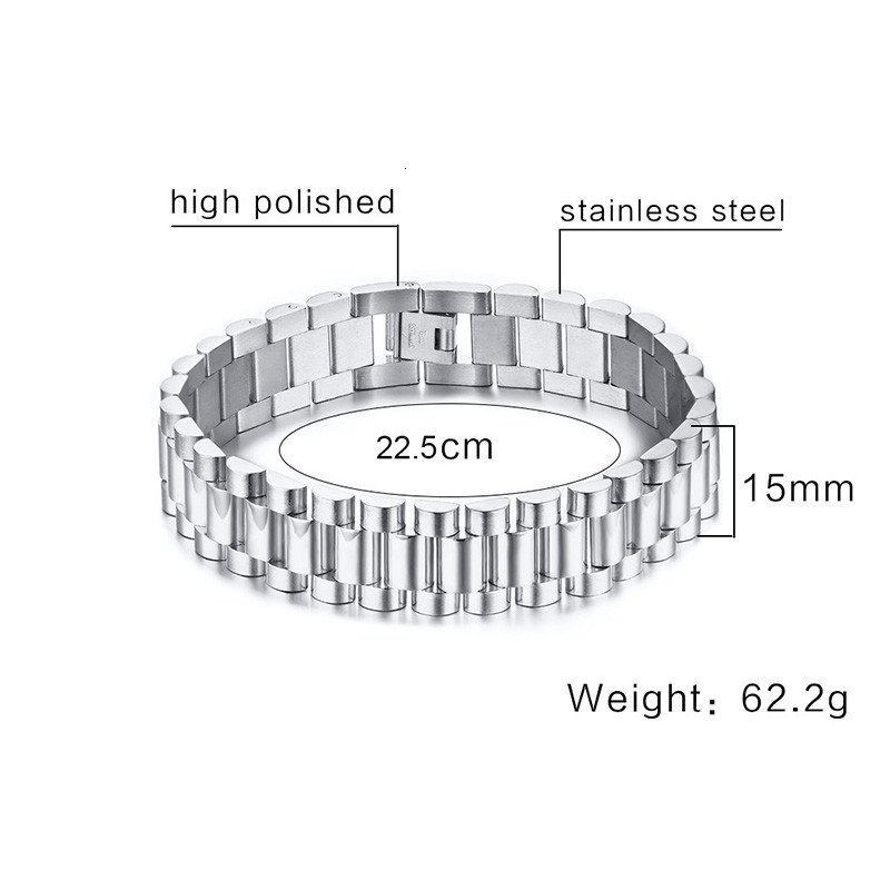 Charm Bracelets ZORCVENS 15MM Wide Gold Silver Color Stainless Steel Watch Band Bracelet for Men Watchlink Bracelets Jewelry 230426