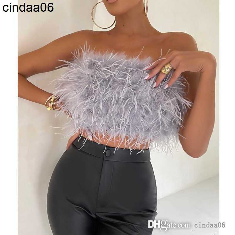 Womens T-Shirt 2022 Fashion Women Sexy Furry Tops Camis Casual Tank Vest Sleeveless With Real Ostrich Feather Bro Tunic