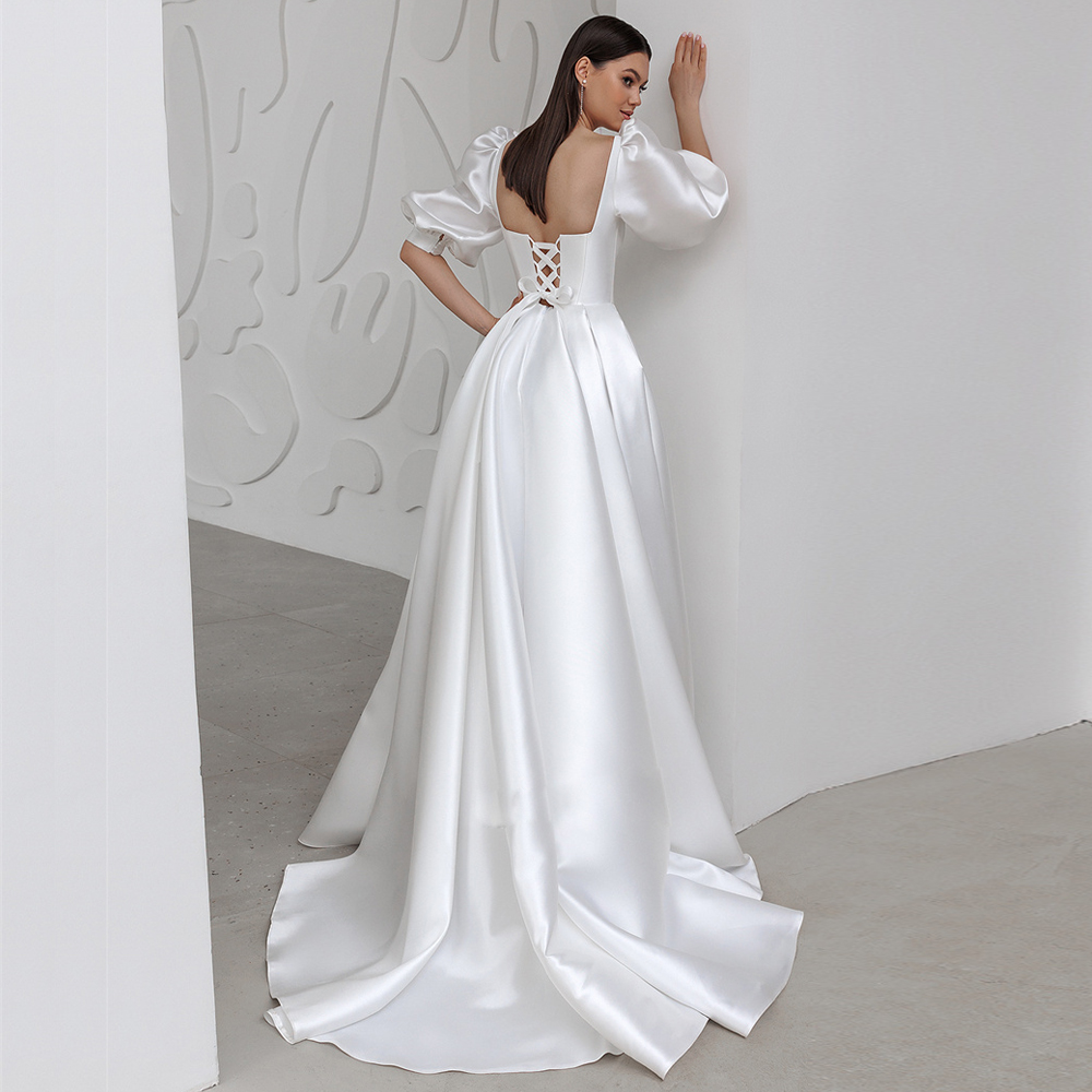 Boat Neckline Satin Wedding Dresses Puffy Sleeve A-Line Bridal Gowns Lace Up Backless Pleat Robe de mariage