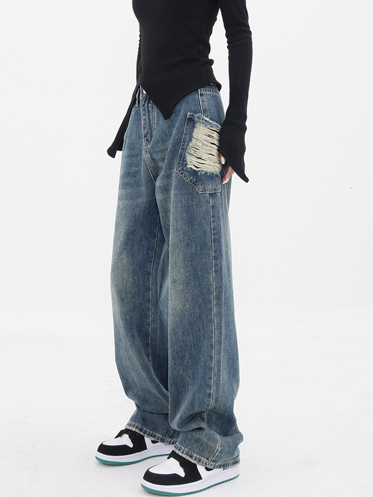 Women's Jeans Ripped Jeans for Women High Waisted Wide Leg Denim Pants Irregular High Street Full Length Blue Trousers Chic Y2k Jeans Spring 2304