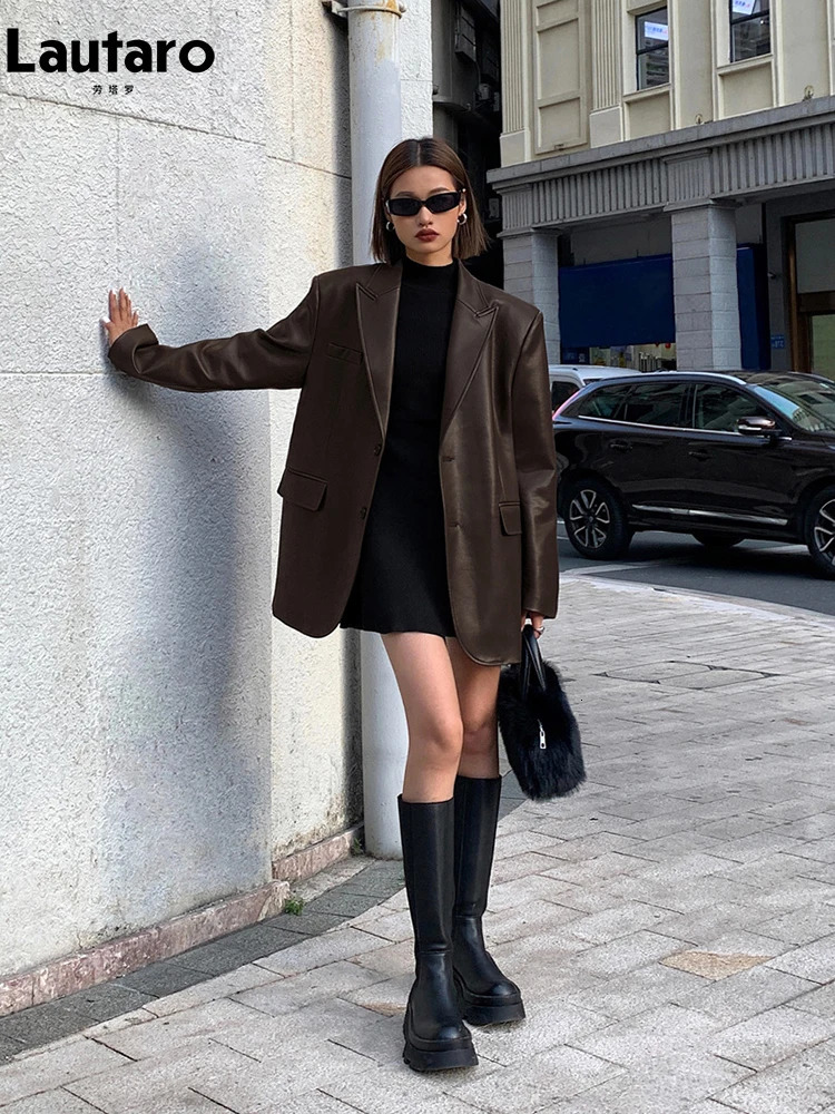 Women s Jackets Lautaro Autumn Black Brown Soft Pu Leather Blazer Women Shoulder Pads Long Sleeve Single Breasted Loose Casual Korean Fashion 231127