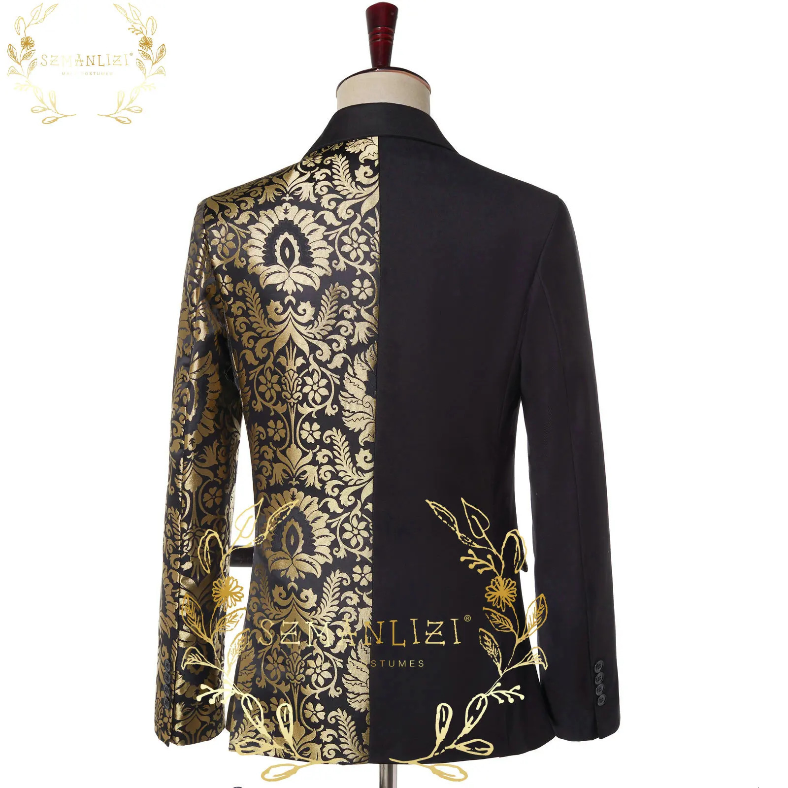 Men S Suits Blazers SZMANLIZI Double Breasted Black Gold Floral Jacquard Slim Fit Mens Wedding Groom Tuxedos Party Jacket Pant Terno Masculino 23