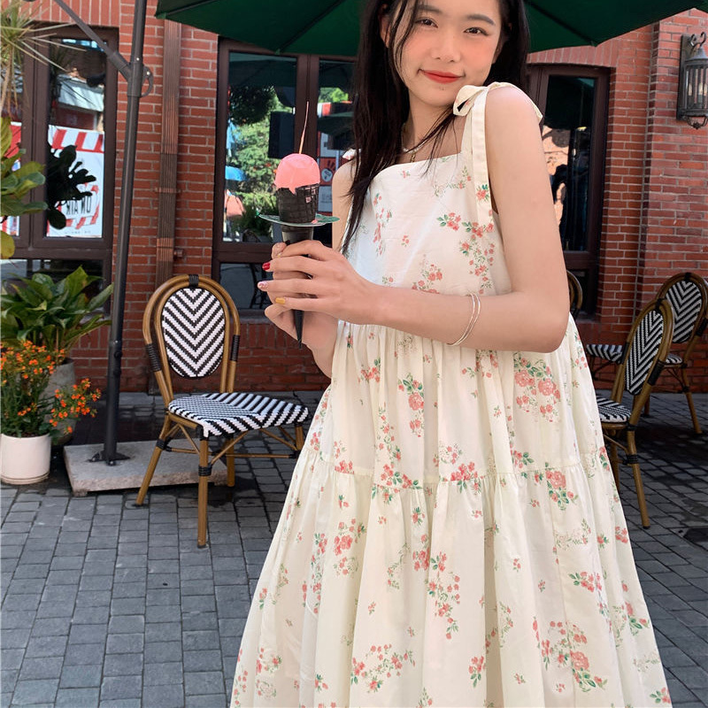 Casual Dresses Rimocy Summer Sweet Floral Midi Women Lace Up Loose Spaghetti Strap Woman Korean Female 230426