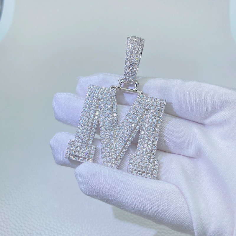 A-Z 925 Sterling Silver Passed Test Moissanite Diamond Letter Pendant Necklace fo Men Women Nice Gift with 3mm 24inch Steel Rope Chain
