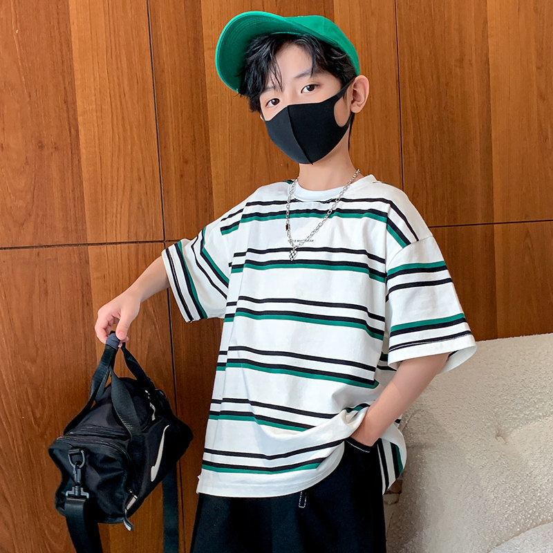 T-shirts Summer 5-14 Years Age Boy's Tshirt Fashion Casual Cotton Striped Print Short Sleeve O-Neck Kids T-Shirt Sport Tees Clothes 230427