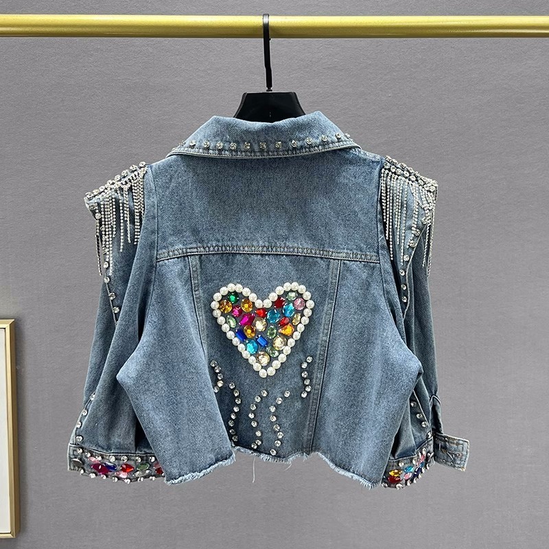 Women's Jackets Women Short Denim Jacket Coat Spring Pearl Diamonds Chain Tassel Frayed Burrs Hem Half Sleeve Female Jeans Jacket Streetwear 2304