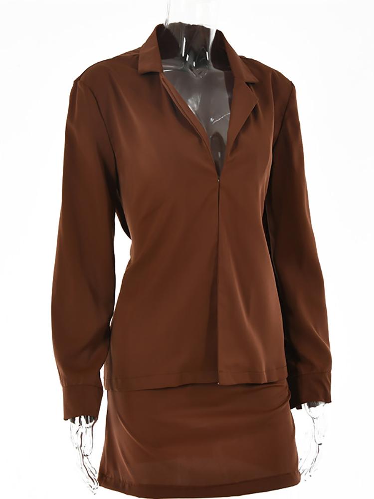 Two Piece Dress Turn-Down Button Collar Womens Set Brown Long Sleeve Top High Waist Skirt Autumn Fri SkirtTwo