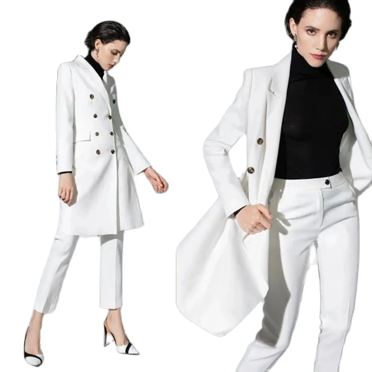White Long Women Pants Suits Slim Fit Double Breasted Office Female Streetwear Sportswear Two Pieces Jacket Sets