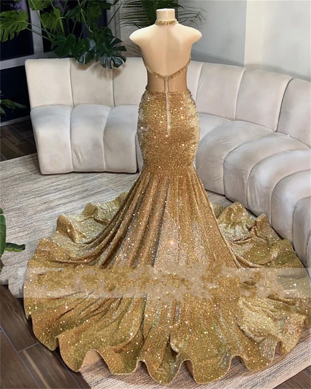 Champagne Gold Sequin Halter Prom Dress Party Evening Elegant Celebrity Formal Gowns Silver Crystal Beading Mermaid Luxury Robe De Soiree Customed