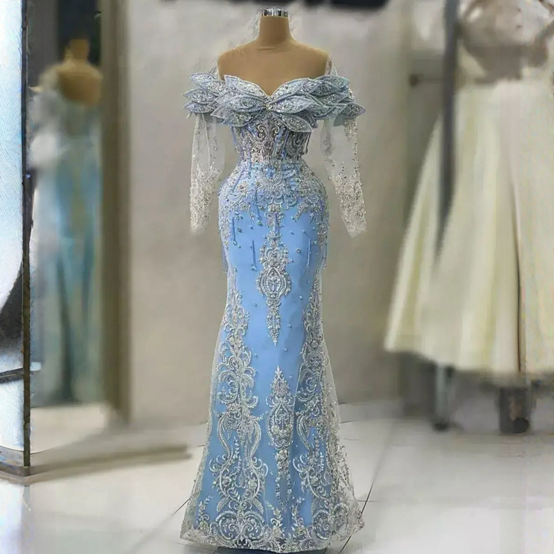 Aso Ebi Arabic Mermaid Prom Dress Lace Beaded Evening Formal Party Second Reception Birthday Engagement Gowns Dresses Robe De Soiree Pageant Gown St38