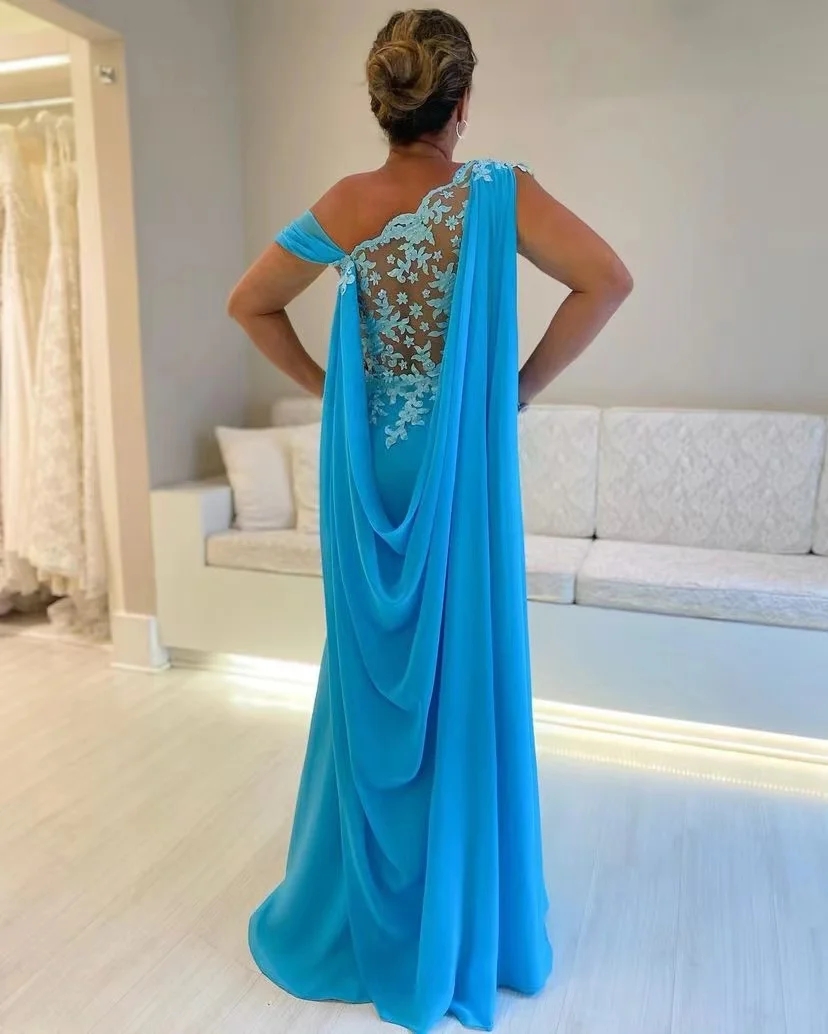 New Elegant Blue Mother of the Bride Dress One Shoulder Lace Appliques Top Sexy Chiffon A-line Wedding Party Gowns Plus Size Robe De Soriee
