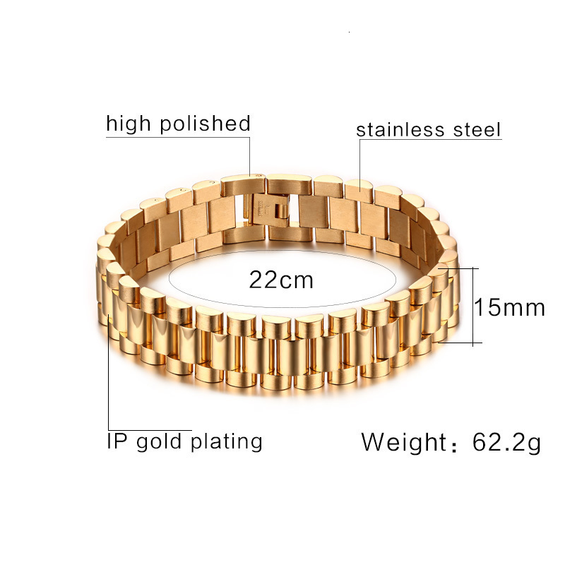 Charm Bracelets Gents President Bracelet Stainless Steel Watch Band Bracelet for Men Watchlink Bracelets Jewelry Golden 15MM Wide 88 Inches 230426