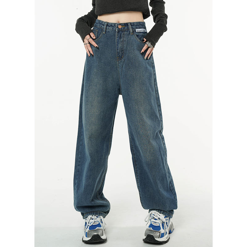 Women's Jeans Winter Vintage Blue High Waist Women Jeans American Fashion Streetwear Wide Leg Jean Female Denim Trouser Straight Baggy Pants 2304