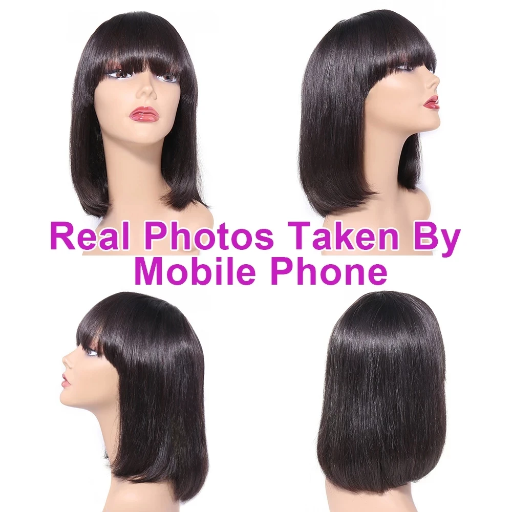 Free shipping 180density Brazilian Remy HairShort Straight Short Human Hair with Bangs Cheap Full Lace Black Bob Wigs for Woman