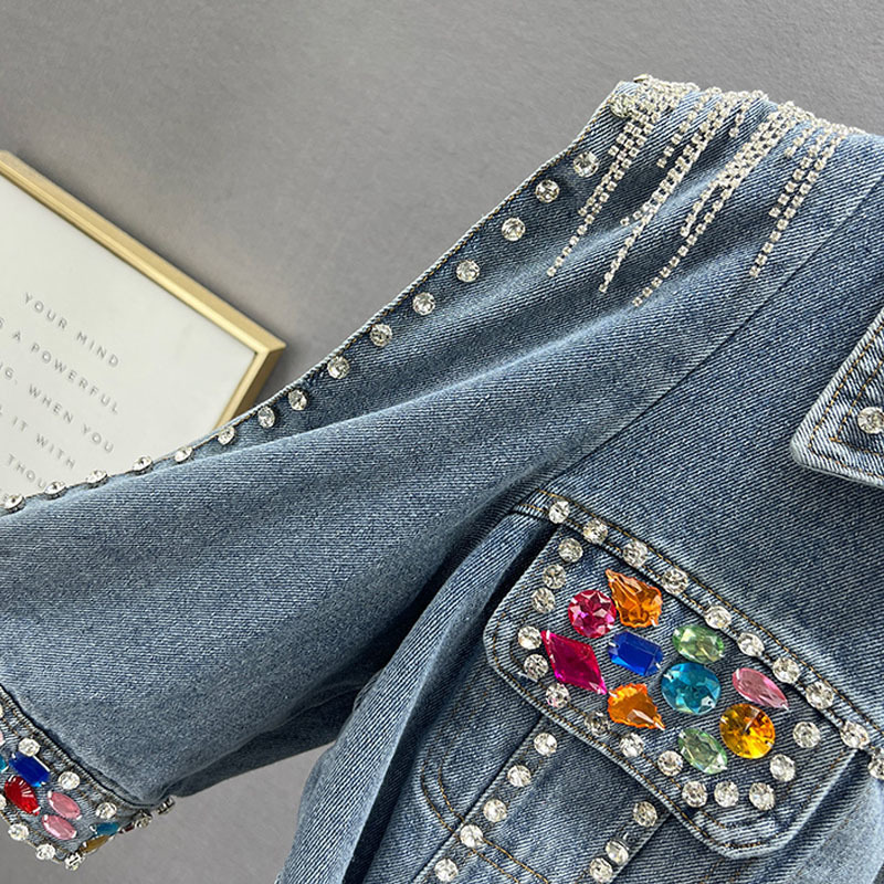Women's Jackets Women Short Denim Jacket Coat Spring Pearl Diamonds Chain Tassel Frayed Burrs Hem Half Sleeve Female Jeans Jacket Streetwear 2304