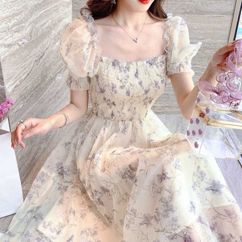 Women's Swimwear Summer Women French Tender Ink Painting Puff Sleeve Long Dress Korean Temperament Sweet Fairy Style Lady Floral 230426