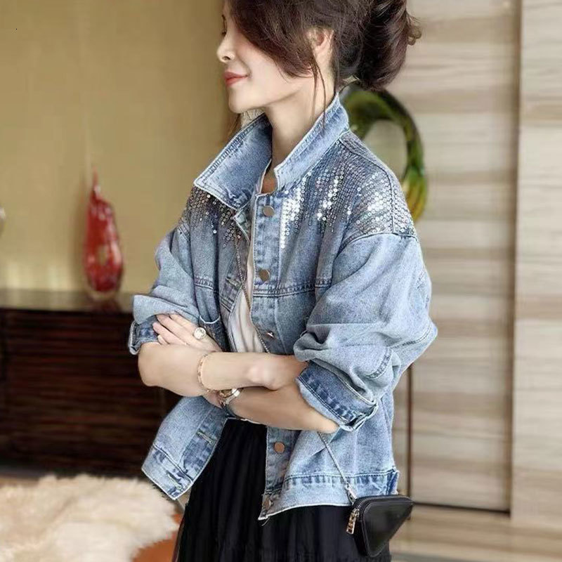 Women's Jackets Hole Jean Jacket Women Spring Short Sequin Denim Jacket Splice Autumn Female Jacket Autumn Bomber Jackets For Women Navel 230427