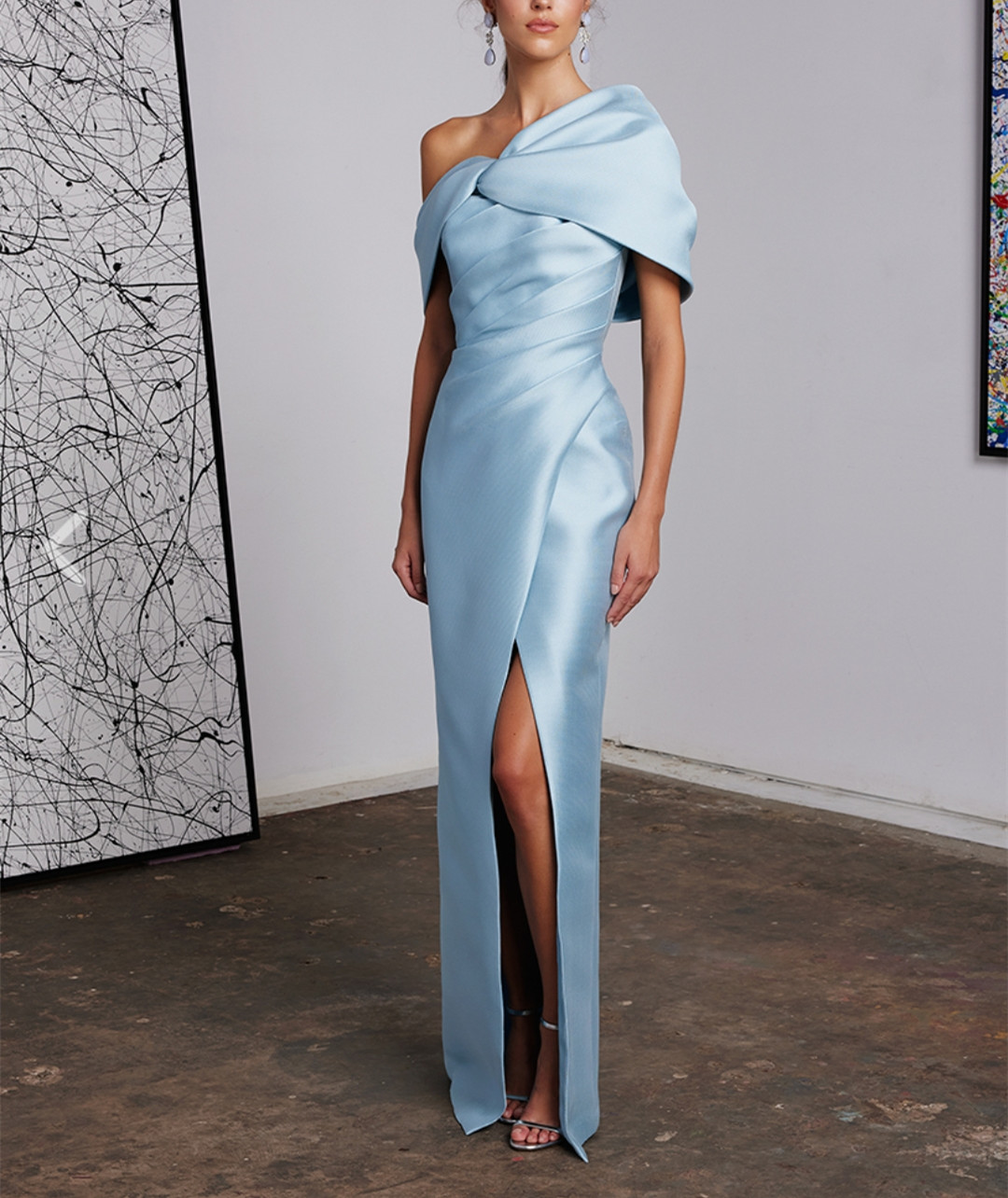 Vintage Long Light Blue Satin Prom Dresses With Slit Sheath Off Shoulder Floor Length Party Dress Maxi Formal Evening Dresses for Women
