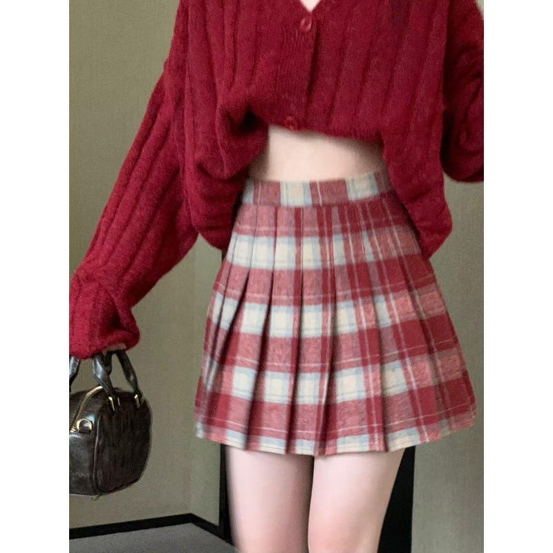 Autumn And Winter Chain High Waist Slimming A-Line Plaid Pleated College Wind Woolen Bust Skirt Women 210521