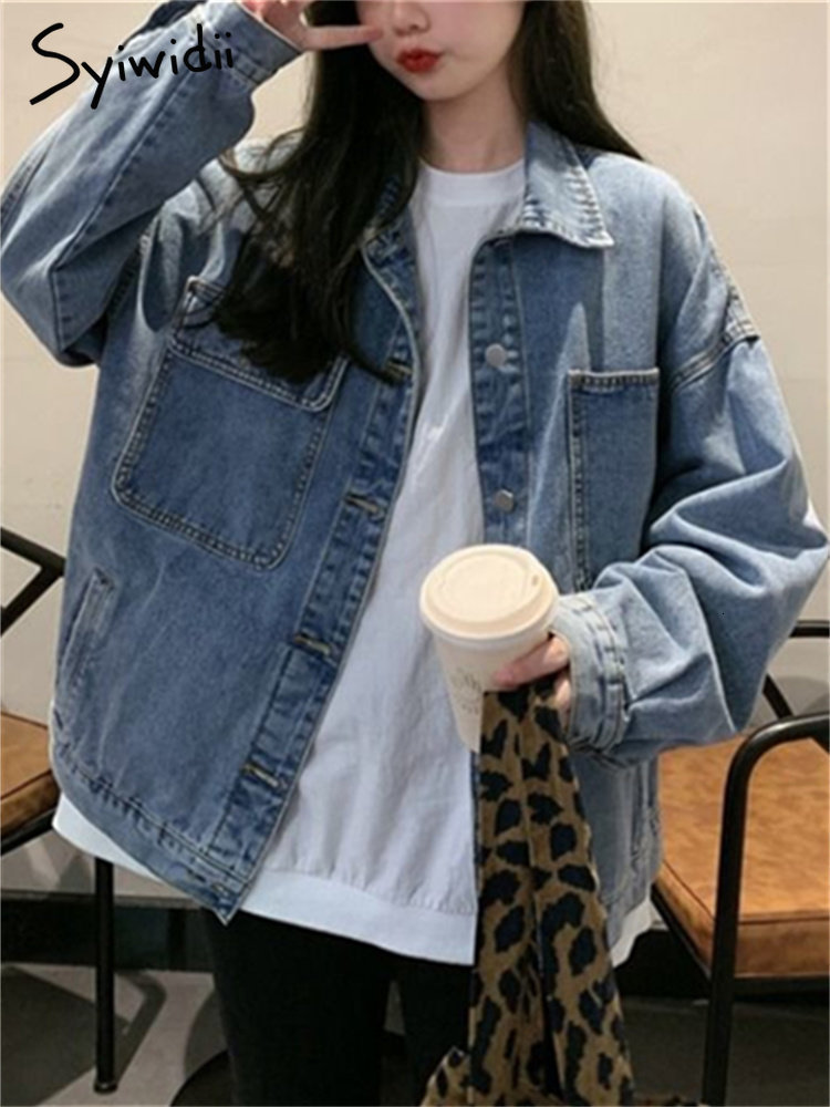 Women's Jackets Syiwidii Denim Jacket for Women Loose Single Breasted Turn Down Collar Long Sleeve Jacket Korean Fashion Streetwear Coat 230427