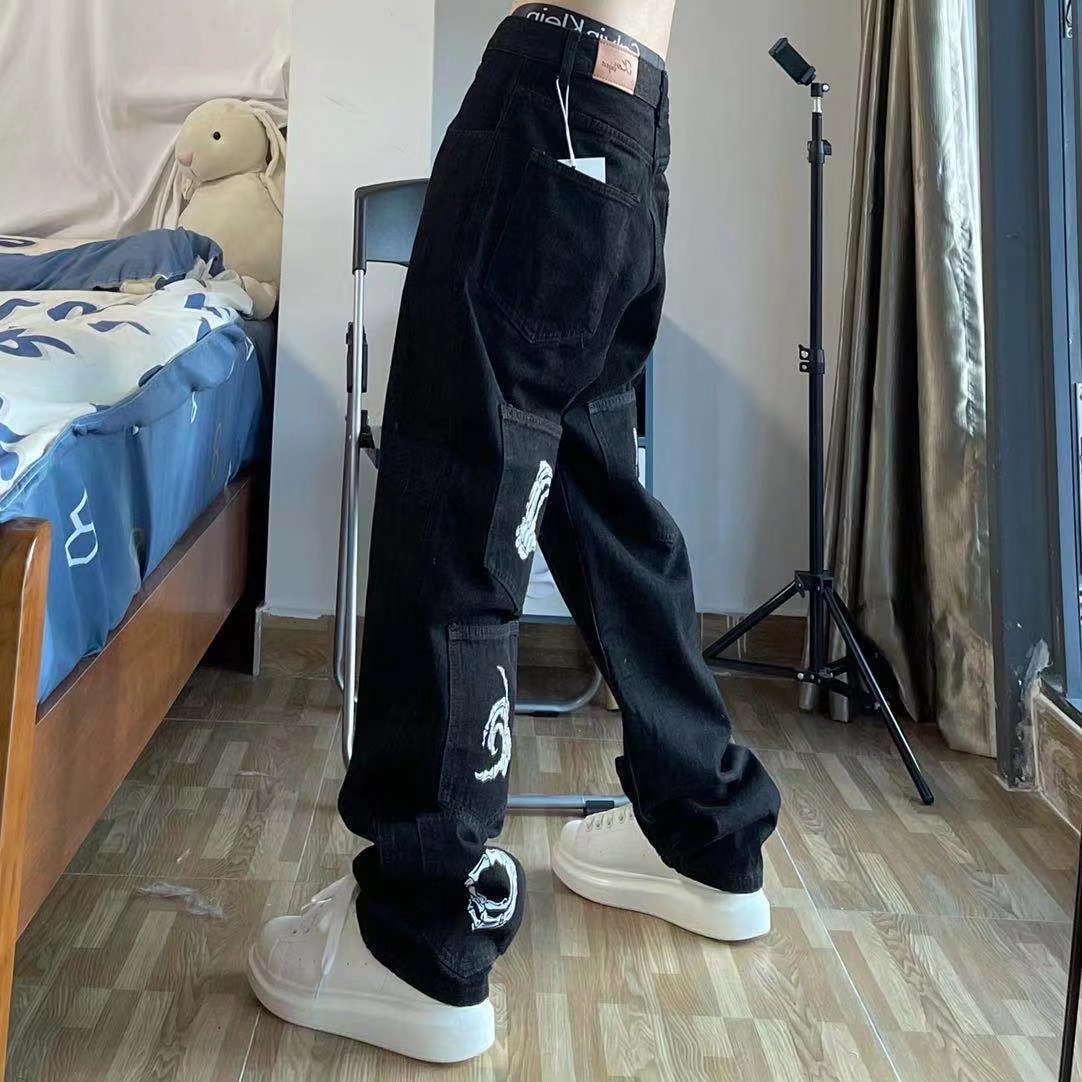 Men's Jeans Dark Streetwear Skull Hand Print Black Hip Hop Men Baggy Pants Multiple Pockets Straight Loose Denim Trousers Spodnie 230426