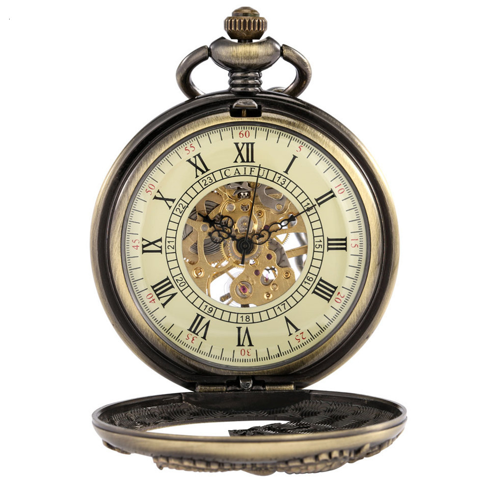Pocket Watches Bronze Hollow Dragon Display Half Hunter Mechanical Watch Cool Antique Pendant Manual Mechanism Clock Gift Male 230426