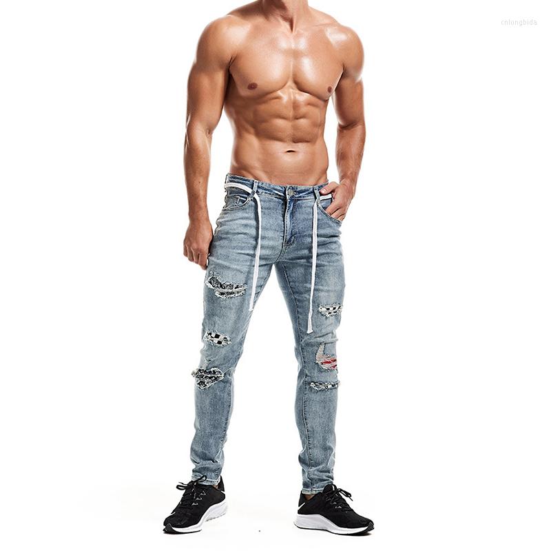Men's Jeans Fashion Casual Men's Street Hip Hop Travel Sports Plaid Denim Ripped Patch Pencil Pants Slim Stretch Belt Trousers