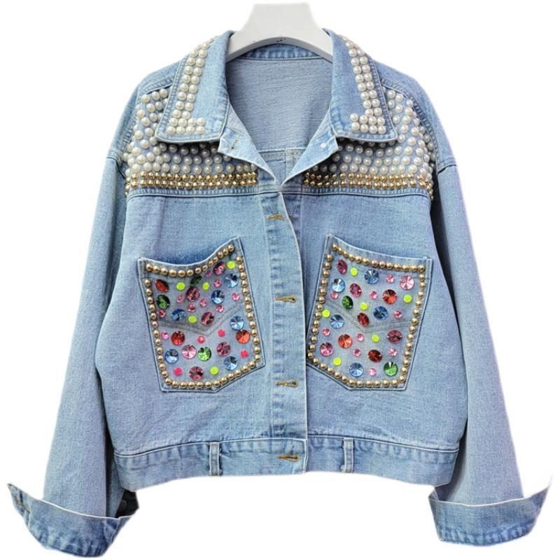 Women's Jackets Heavy Pearl Colorful Sequined Long Sleeve Denim Jacket Women Spring Autumn Clothes Washed Jean Jacket Coat