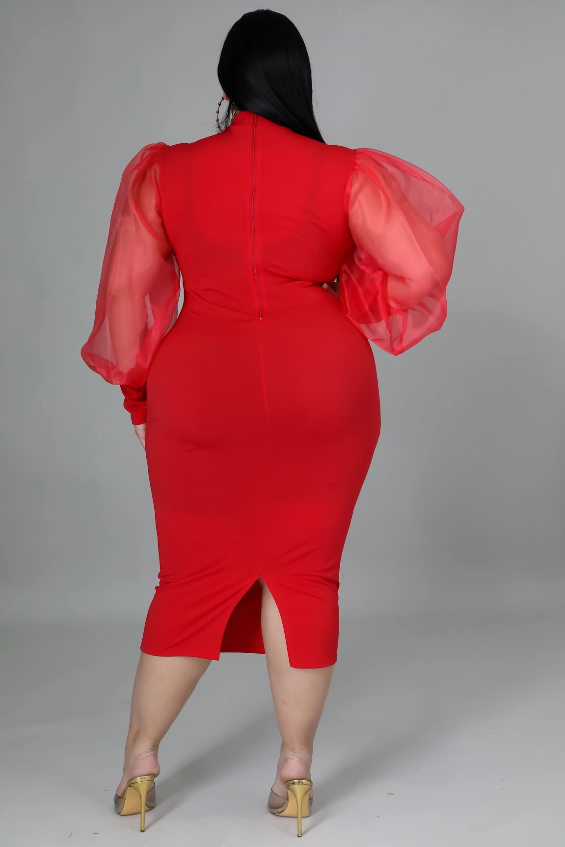Women Solid Color Plus Size Women's Gauze See-Through Lantern Sleeve Dress 3 Colors In Stock