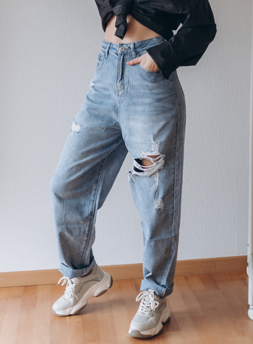 Women's Jeans ZHISILAO High Waist Straight Ripped Jeans Women Blue Denim Trousers Korean Fashion Streetwear Loose Pants 230427
