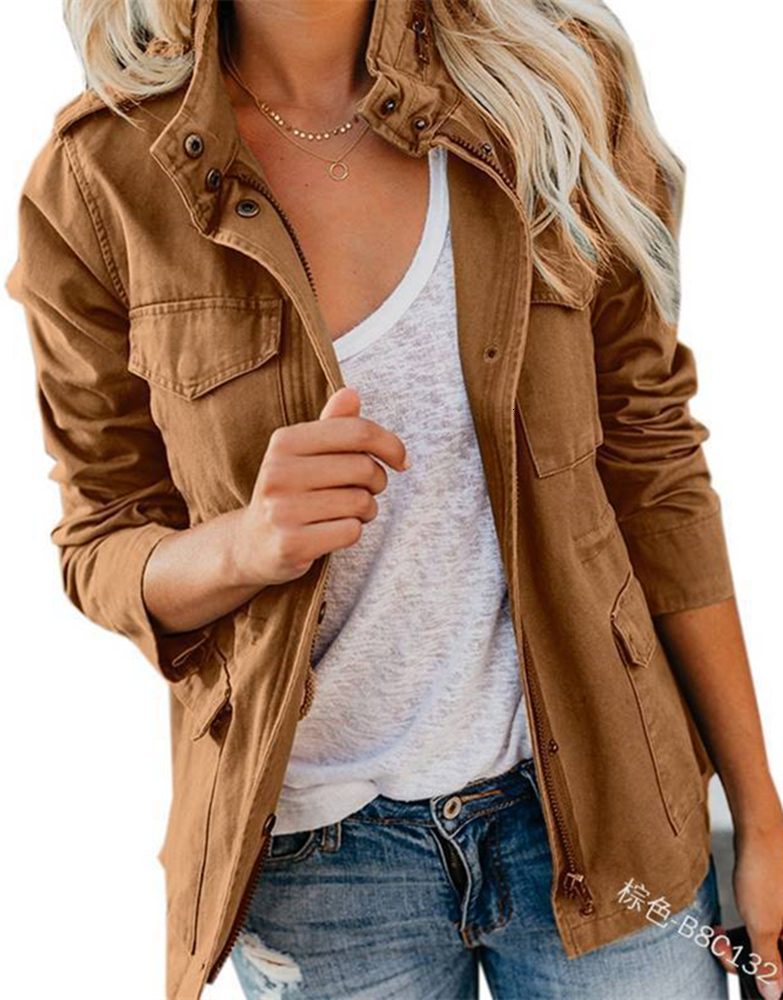 Women's Jackets Women Zipper Jacket Autumn Female Outerwear Long Sleeve Casual Streetwear Coat Windbreaker Anorak Stand Collar Military Jackets 2