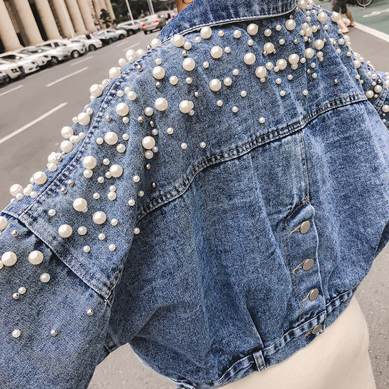 Women's Jackets Rimocy Pearls Long Sleeve Crop Jacket Women Autumn Turn Down Collar Loose Short Coat Woman Single-breasted Jeans Jackets 230427
