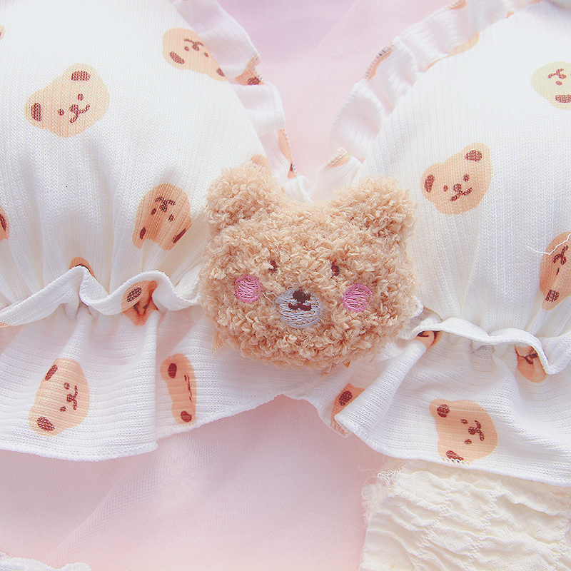 Bras Sets Little Bear Bra and Panty Set Kawaii Lolita Push Up Bra Padded Cartoon Japanese Girl Soft Cute Underwear Thin Bras Bralette Set 230427