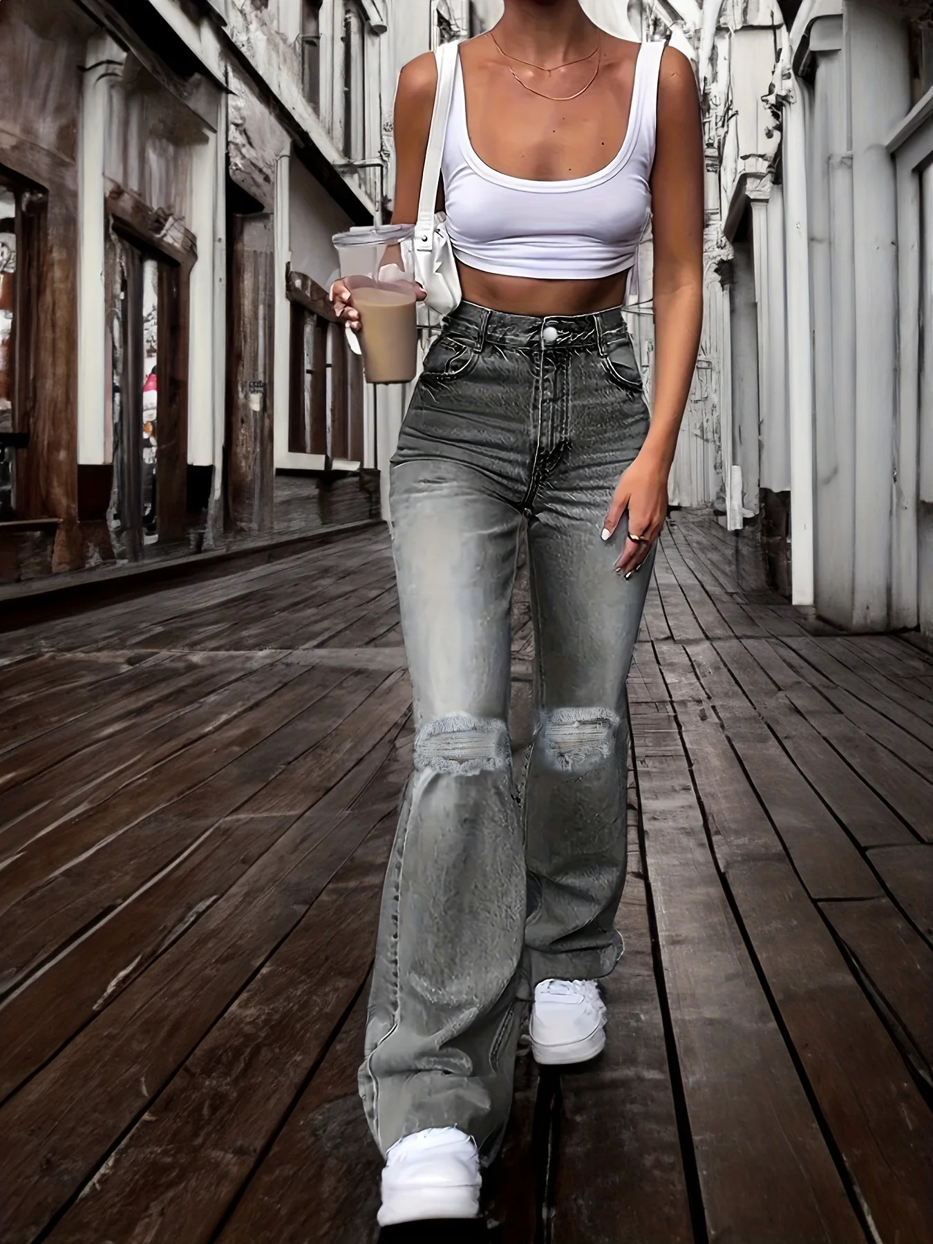 Women s Jeans Plain Pipped Holes Flare Slash Pockets Distressed High Waist Bell Bottom Rise Denim Pants Clo 231127