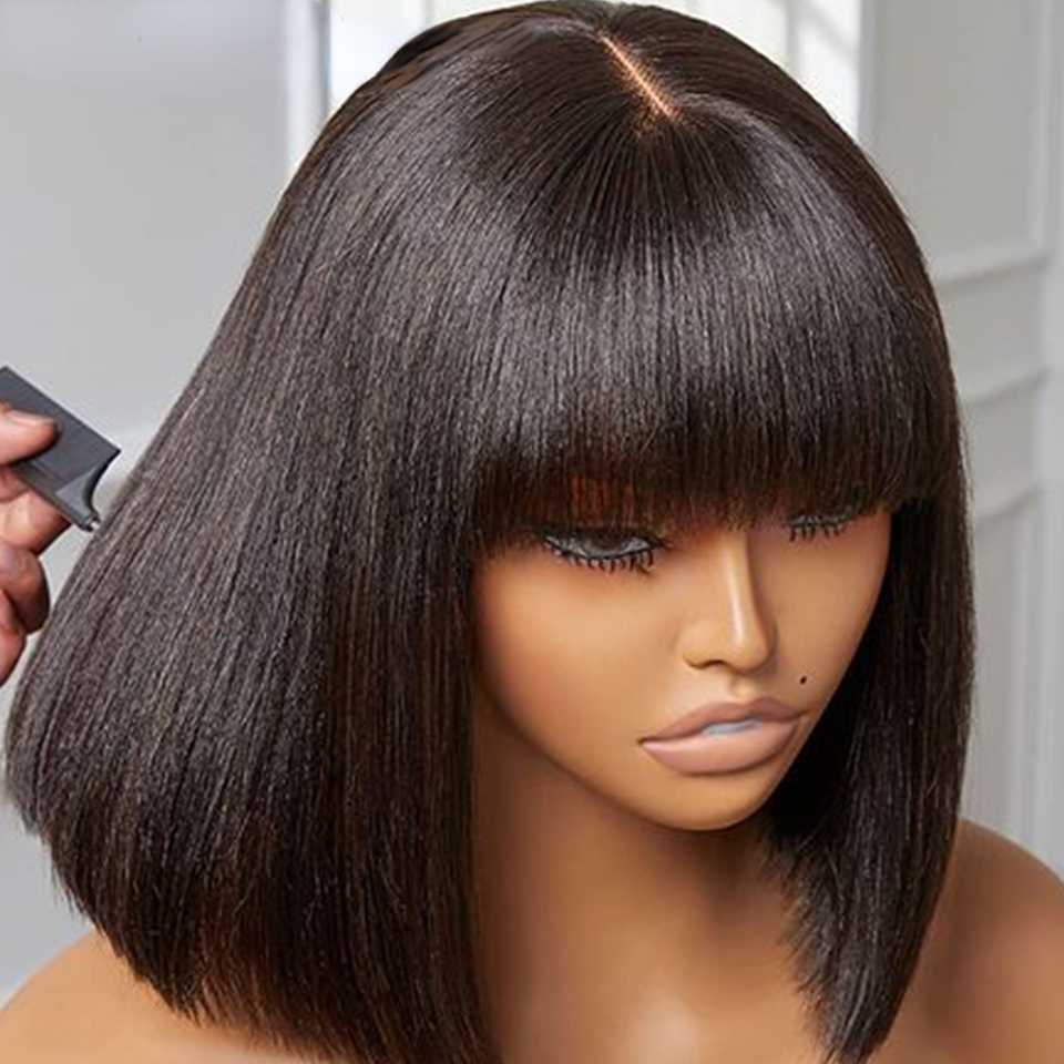 Brazilian Short Bob Straight Simulation Human Hair Wigs With Bangs Full Lace Front Wigs For Black Women Glueless Fringe Wig Bangs