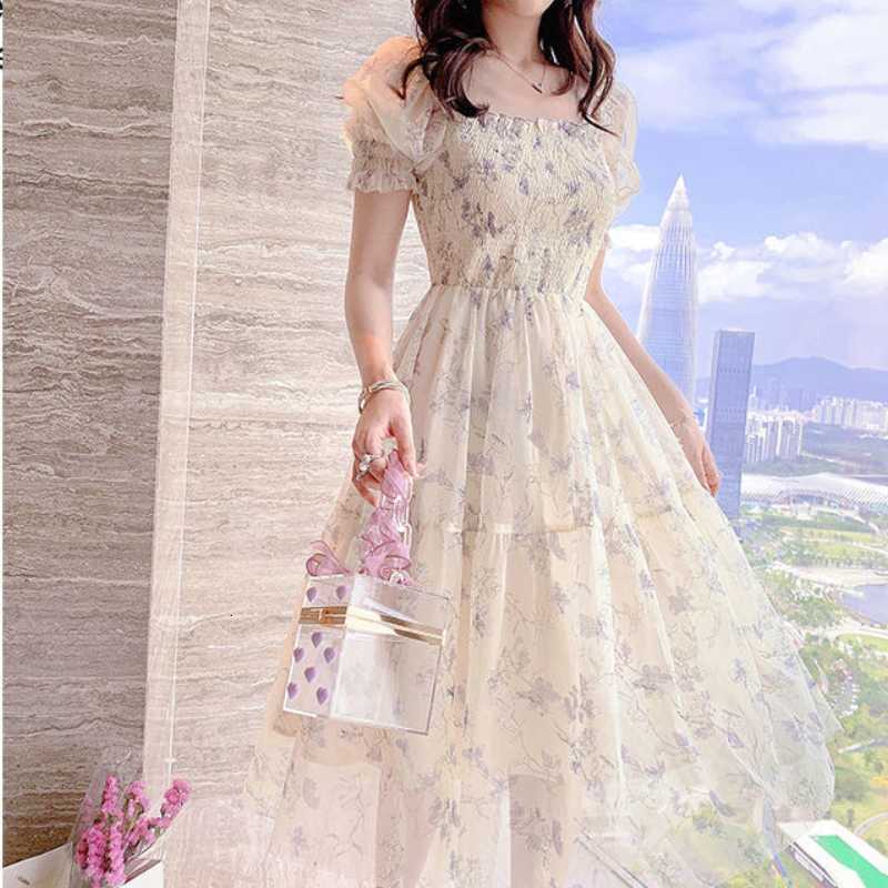 Women's Swimwear Summer Women French Tender Ink Painting Puff Sleeve Long Dress Korean Temperament Sweet Fairy Style Lady Floral 230426