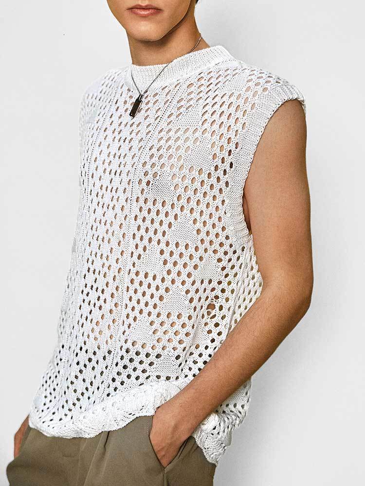 Men's Tank Tops Solid for Men Hollow Out Knitted Sweater Vest Sleeveless SeeThrough Summer Streetwear Beach Z5082202 230426