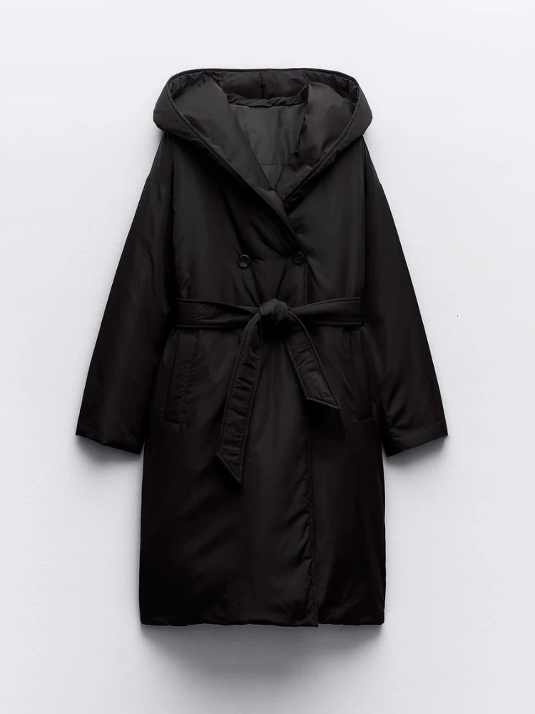 Women's Jackets ZBZA Hooded Puffer Coat Fall Winter Long Sleeves Polar Fleece Lining Double Breasted Belt Overcoat Female Warm Outerwear 231127