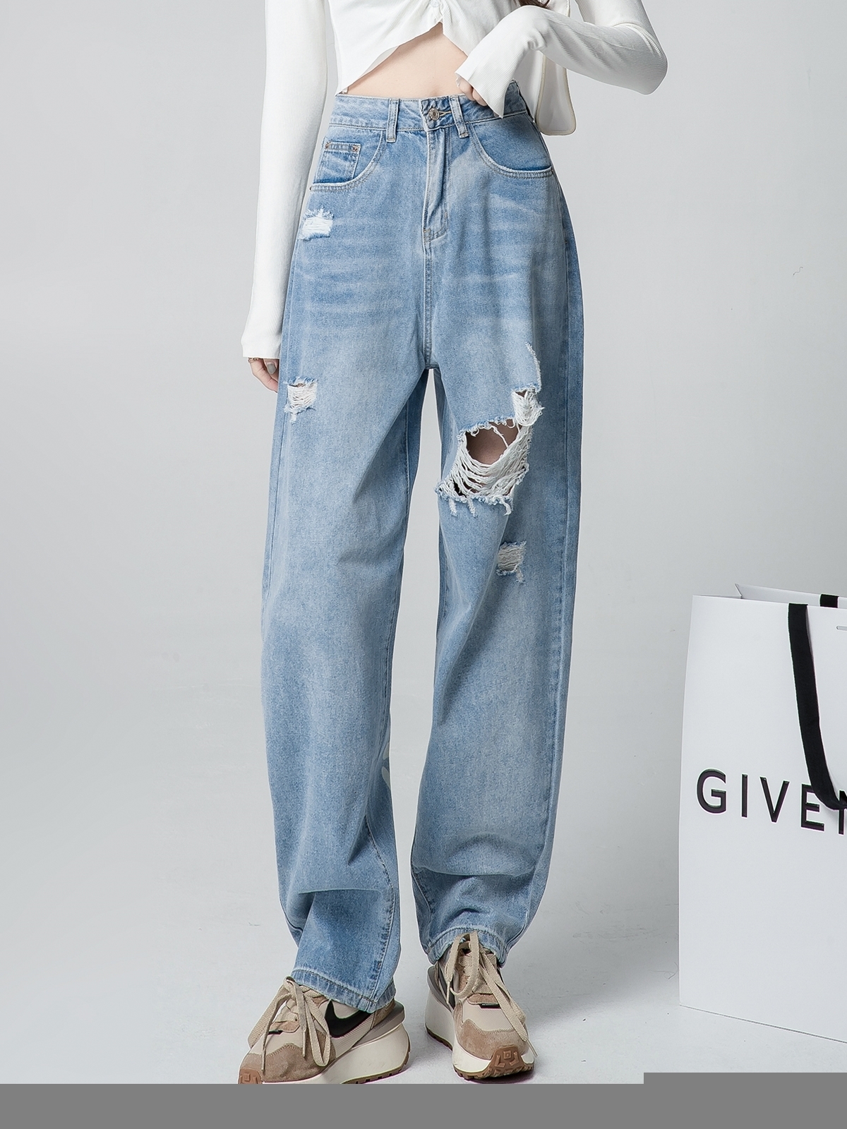 Women's Jeans ZHISILAO High Waist Straight Ripped Jeans Women Blue Denim Trousers Korean Fashion Streetwear Loose Pants 230427