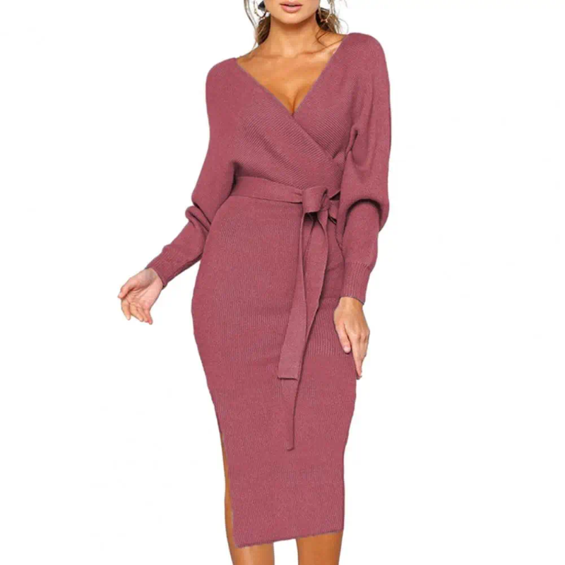 Casual Dresses Women Dress V-neck Chic Lace-up Belted Knitted Slim Fit Mid-calf Length Womens Fall/winter Fashion