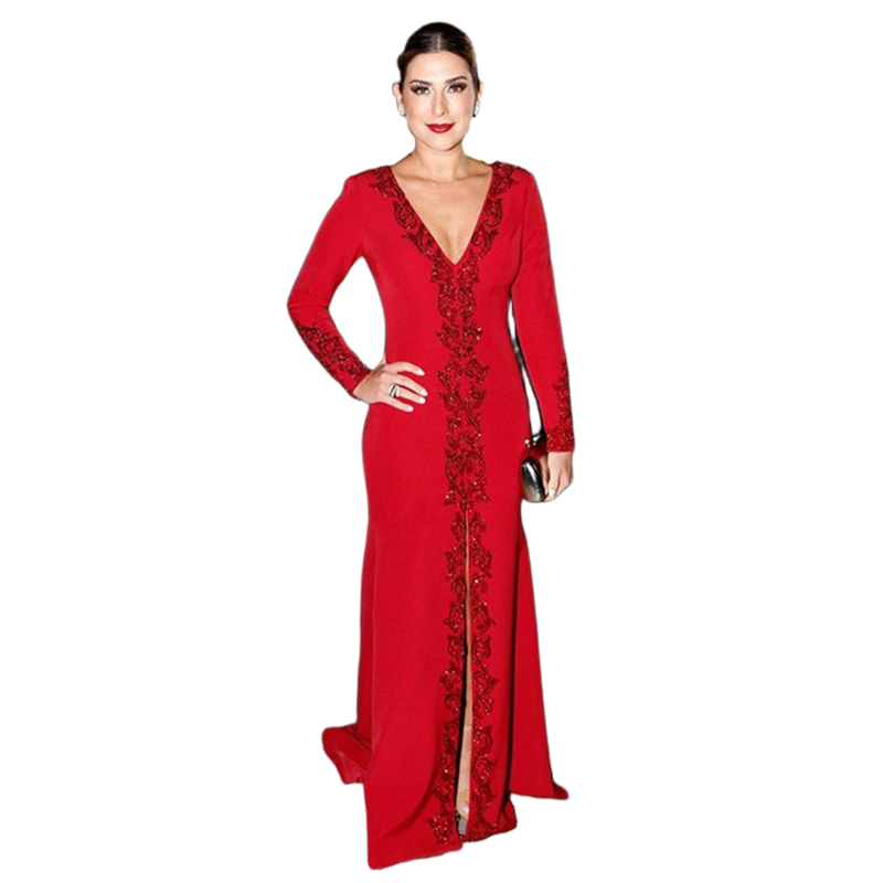 Elegant Moroccan Kaftan Red Formal Evening Dresses Lace Appliques Long Sleeves V-Neck Mermaid Prom Dress 2024 Satin Celebrity Party Gown For Women