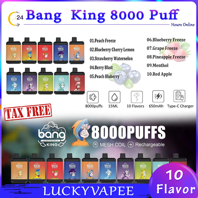Original Bang King Puff 8000 Disposable Rechargeable Vape Pen Device E Cigarette 650mah 15ml Cartridges Mesh Coil 10 Flavors Vaporizers 8K Lanyard Elux Legend
Original Bang King Puff 8000 Disposable Rechargeable Vape Pen Device E Cigarette 650mah 15ml Cartridges Mesh Coil 10 Flavors Vaporizers 8K Lanyard Elux Legend