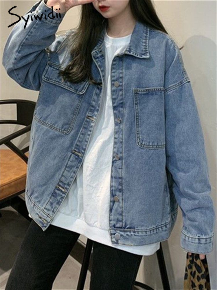 Women's Jackets Syiwidii Denim Jacket for Women Loose Single Breasted Turn Down Collar Long Sleeve Jacket Korean Fashion Streetwear Coat 230427