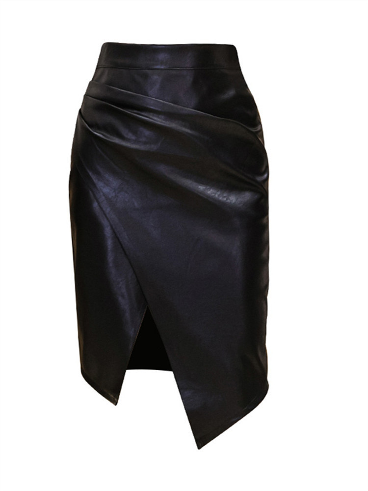 Skirts REALEFT Women's PU Leather Skirt Fashion Office Ladies Irregualer High Waist Slim Midi Length Female 230426